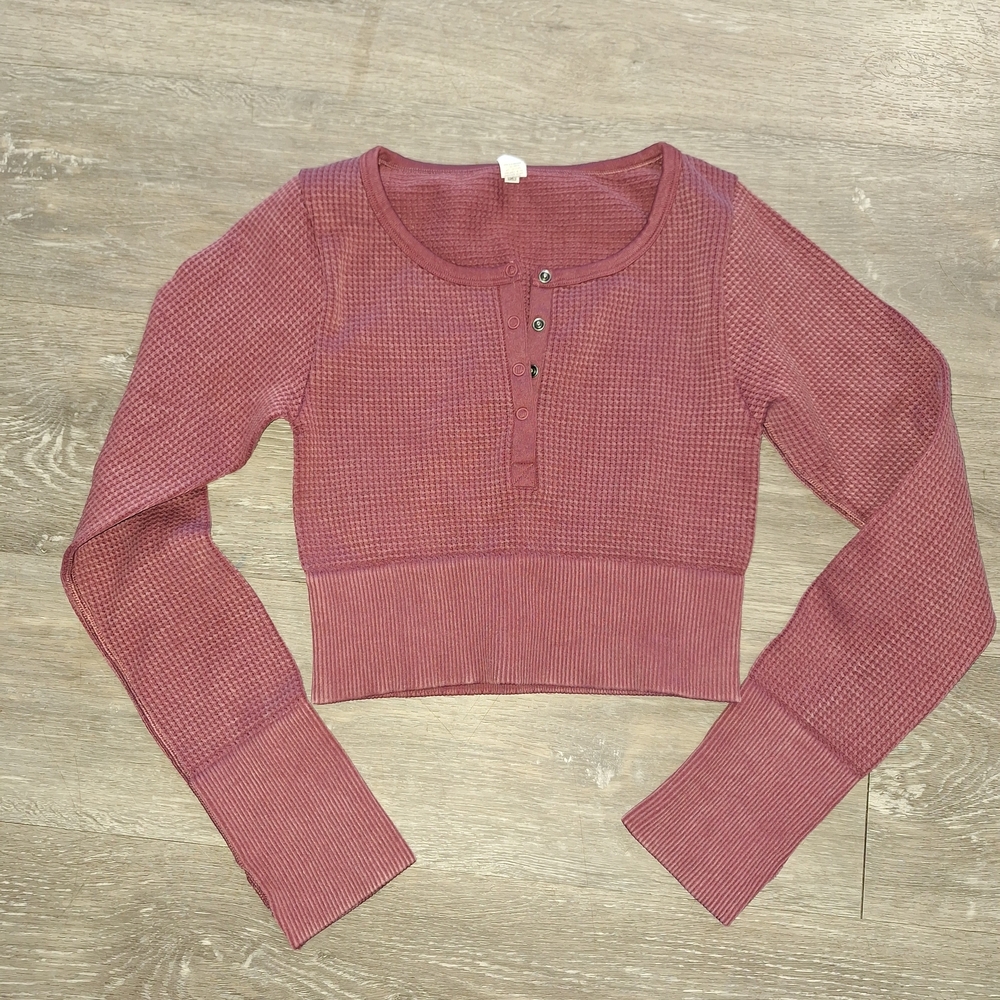 Offline by Aerie Waffle Knit Henley Cropped Nylon Top in Mauve